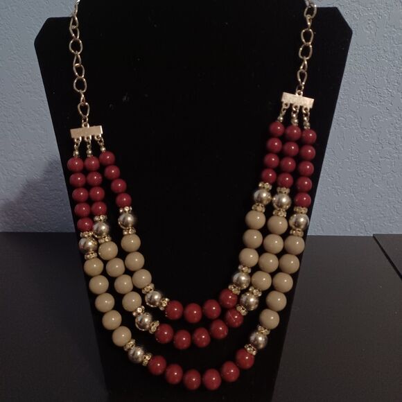 Triple Layered Purple, Gray, and Silver Beaded Silver-Toned Necklace, 24" - Picture 1 of 3